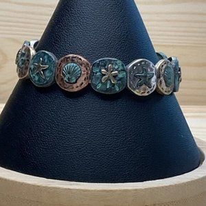 Nautical-Themed Stretch Bracelet With Shell & Starfish Motifs Mixed Metal Tones
